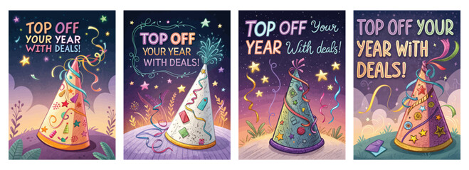 Set of four posters with colorful festive hats and celebratory text