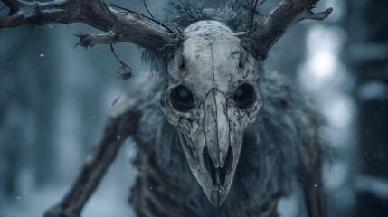 Sinister Wendigo Forest Creature with Antlers and Skull Face Emerging from the Snowy Woods in a Dark Folklore Horror Scene