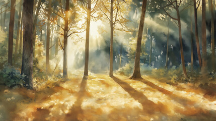 A forest clearing with tall trees, the sun's rays breaking through them and casting long shadows on the ground, creating an atmosphere of tranquility and mystery.