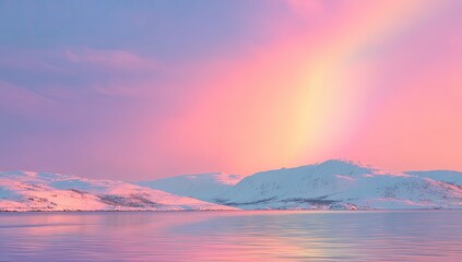 Pastel winter sunrise over snow-capped mountains reflecting on a calm lake