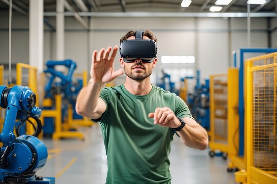 Man using virtual reality headset in factory for industrial automation and design work