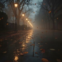 Autumn leaves gently falling on wet pavement of a quiet city street after rain, glowing softly under misty street lamps, evoking calm, nostalgic, and melancholic urban atmosphere.