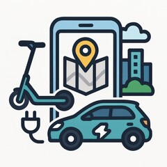Fototapeta premium Innovative urban mobility solutions showcasing electric car and electric scooter with interactive smartphone map in a modern cityscape layout emphasizing sustainable transportation concepts