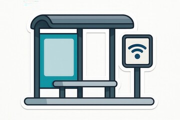 Contemporary urban bus stop design featuring connectivity icon and ergonomic seating, representing modern transportation infrastructure with user-friendly technology integration for commuters