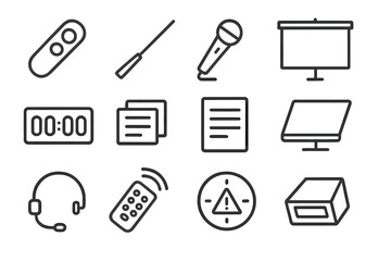 Presenter Tools Icons. Line style icons of presenter tools: presentation clicker, pointer laser, speaker mic, presenter screen,