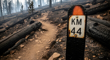 Burnt Forest Landscape With Kilometer Marker And Destroyed Trees Along The Hiking Trail