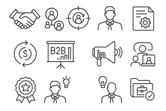 B2B Marketing Icons. Line style icons of B2B marketing: business deal icon, account-based strategy, corporate client icon, sales