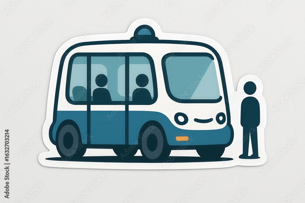 Poster ai-generated image depicting a self-driving shuttle bus parked next to a waiting individual showcasi