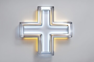 Art design White background Modern Object, symbol minimalism neon sign cross, unique view, studio shooting without unnecessary objects
