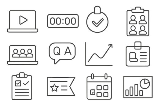 Event Marketing Icons. Line style icons of event marketing visuals: webinar invite screen, event countdown timer, RSVP form badge,