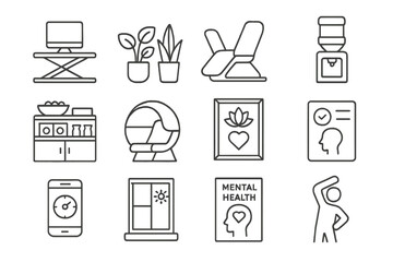 Work-Life Balance Icons. Line style icons of work-life balance office items: standing desk converter, indoor plants, relaxation