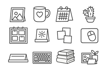 Personalized Workspace Icons. Line style icons of workspace personalization: desk photo frame, favorite mug, mini calendar stand,