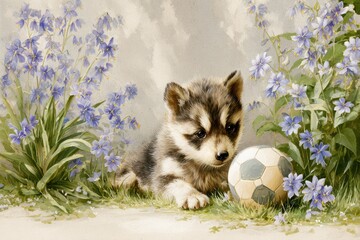 Cute puppy raccoon playing with a ball among the bluebell flowers, a country house, summer, sunlight, pastel colors, a retro picture from 1900, cartoon style, unique view 
