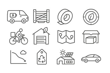 Eco-Friendly Logistics Icons. Line style icons of eco-friendly logistics: electric delivery van, reusable crate, paper-based tape