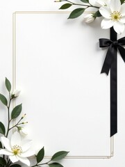Obraz premium A blank card bordered with white flowers and a black bow, perfect for invitations or greetings.