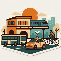 Urban transportation dynamics showcasing a bicycle, bus, taxi, and elevated train in a bustling city setting against the backdrop of a vibrant sunset radiating connectivity and mobility