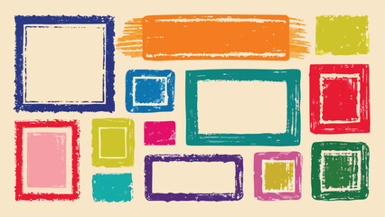 Colorful Hand-Drawn Grunge Rectangles and Squares, Abstract Childish Style Textured Shapes Set for Frames, Backgrounds, and Template Design