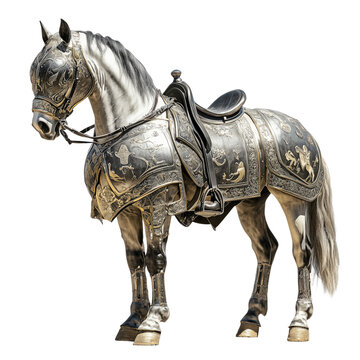 Medieval war horse in full decorative armor and barding, isolated on transparent background