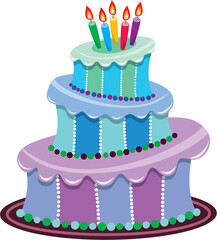 vector big birthday cake with burning candles