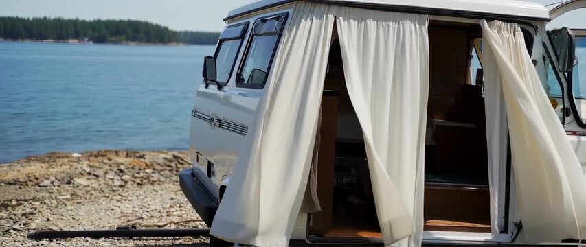 White camper van at shoreline