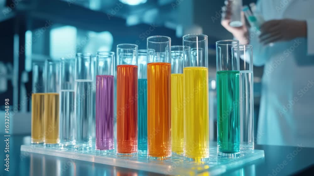 Poster lab setting with assorted colored glass test tubes on a table, one scientist standing behind observi