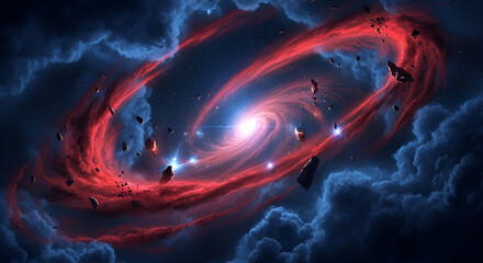 Vibrant red nebula swirls around a bright galactic core