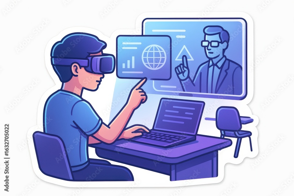 Aufkleber engaging in immersive digital education utilizing virtual reality technologies while analyzing data 