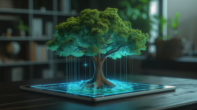 Large green tree hologram projected from tablet. Digital nature visualization in modern workspace. Ideal for eco-tech, AR, and future design.