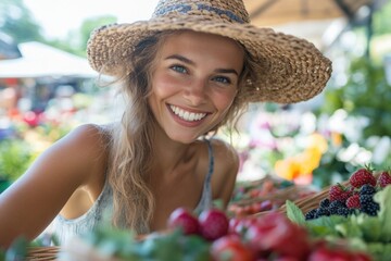 Farmer woman selling fresh strawberries and blackberries at local market