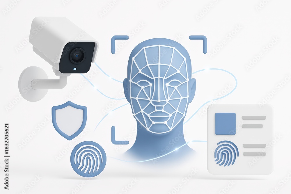 Poster innovative security technologies depicted in a striking integration of facial recognition and biomet