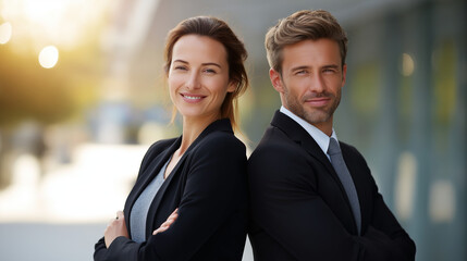 Confident Businesspeople Smiling in Soft Sunlight at the Office