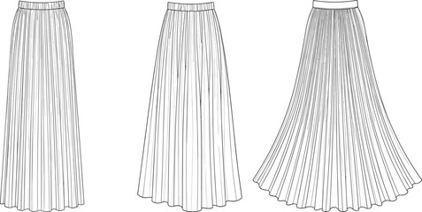 CAD drawing of pleated skirts, three styles, narrow, wide, flared pleats, waistband detail, fashion sketch, garment design, vector illustration