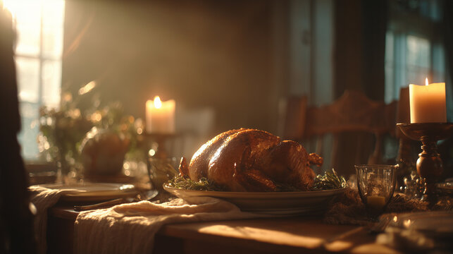Thanksgiving dinner features a beautifully set rustic table with a golden roasted turkey at the center surrounded by warm candlelight and cozy decor creating a festive atmosphere