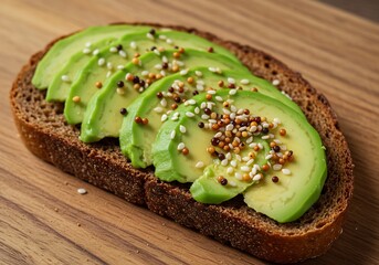 食欲をそそるアボカドトースト、温かみのある木製の背景と調和して美味しそうに輝く