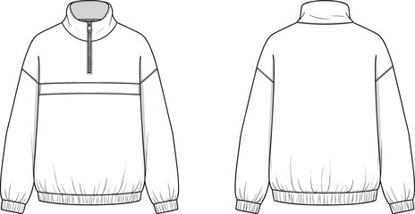 Pullover jacket CAD drawing, front and back views, high collar, half zip, elastic cuffs, hem, fashion sketch, vector illustration © IconicCreations