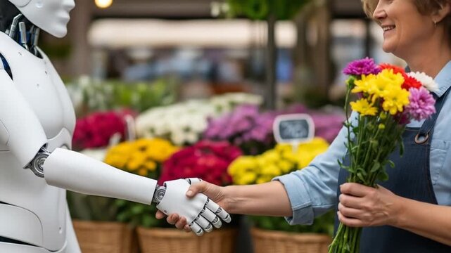 Robot and Florist Shaking Hands at Flower Shop