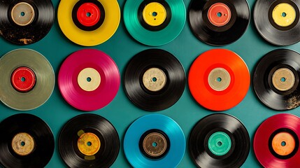 Collection of colorful vintage vinyl records arranged in rows