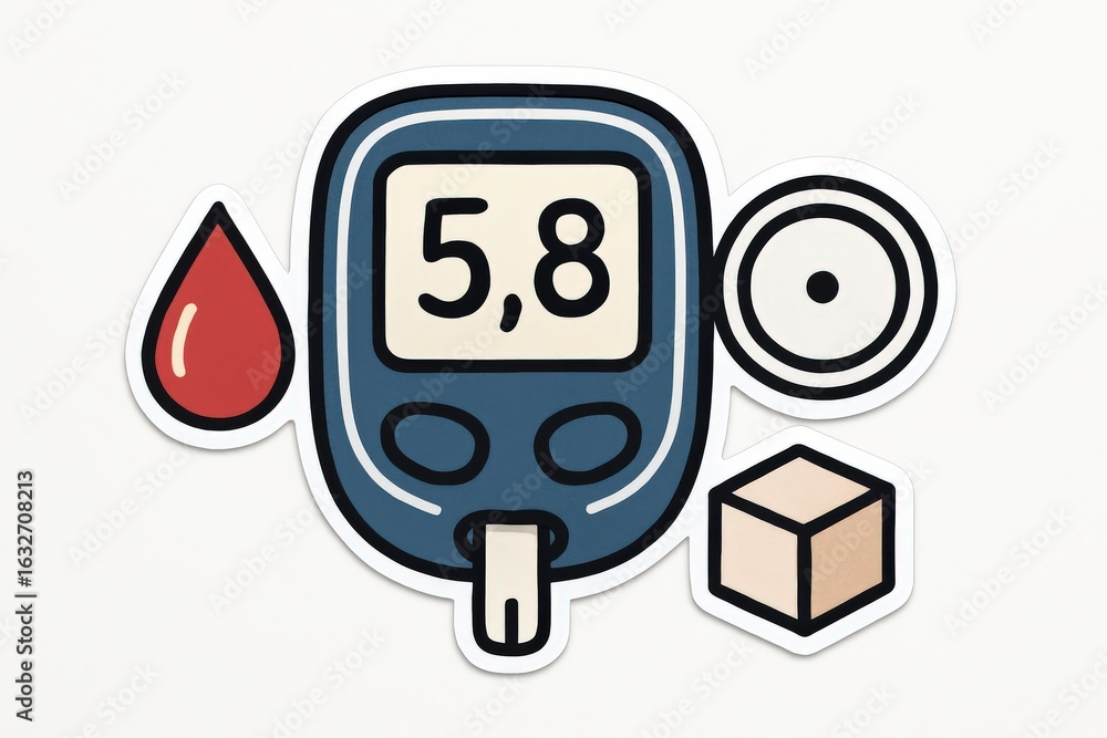 Poster unique graphic representation of diabetes management tools featuring a blood glucose meter displayin