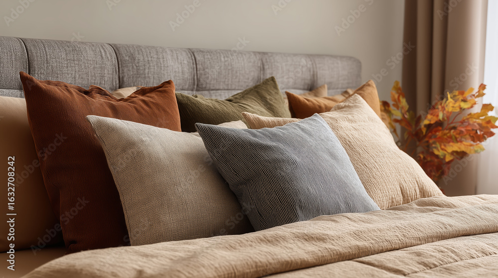 Poster cozy bedroom scene featuring an array of decorative pillows in warm tones on a neatly made bed, crea