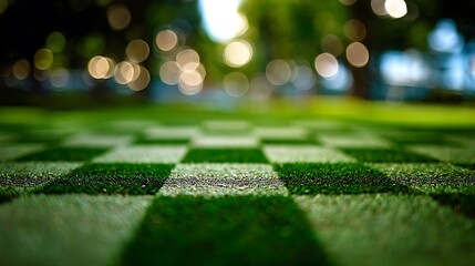 Naklejka premium Green checkerboard turf with soft bokeh background grass pattern