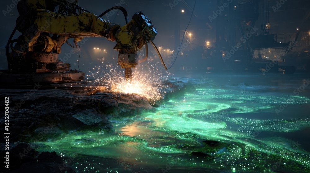 Poster a detailed view of a robotic welding machine emits sparks as it fuses sections of an auv hull accomp