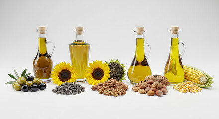 different types of cooking oil. Assortment of cooking oils displayed in glass bottles alongside various seeds, nuts, and sunflowers, showcasing healthy culinary options and natural ingredients