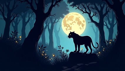 Majestic black panther silhouetted against a full moon in a mystical forest