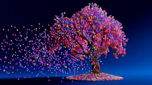 A colorful tree, with pixel effect leaves on a dark blue background, the leaves are flying away and dissolving.