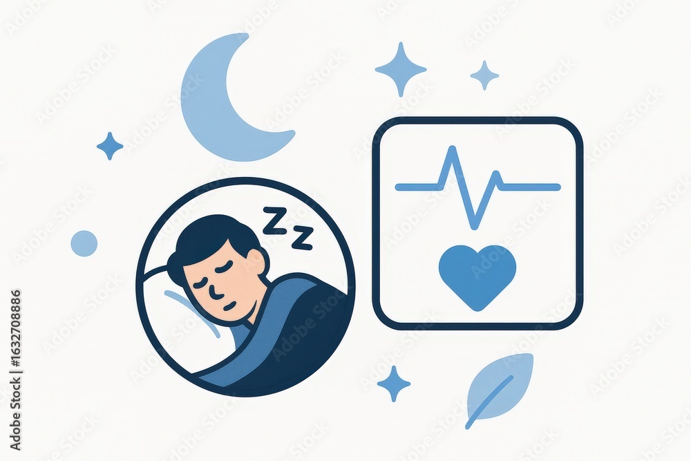 Poster exploring the pathways of restful sleep and heart health through stylish illustrations that merge ca