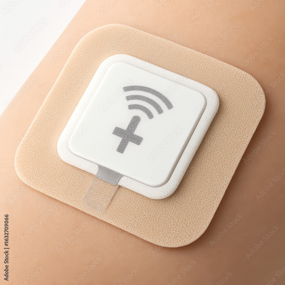 Poster innovative wearable health technology patch featuring wireless connectivity and monitoring capabilit