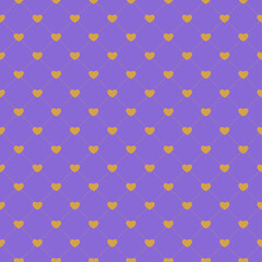 Seamless pattern featuring small golden hearts arranged in a diamond grid connected by thin lines, all set against a soft lavender background. Ideal for romantic, elegant, festive themes