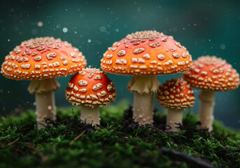 Obraz premium A cluster of vibrant red and white spotted fly agaric mushrooms growing in a lush, green forest setting with a soft bokeh background