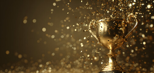 close up golden trophy award with falling confetti. copy space for text. 3d rendering.