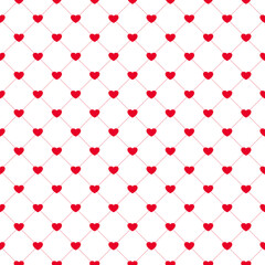 Seamless pattern featuring small red hearts arranged in a diamond grid connected by dotted lines, all set against a clean white background. Ideal for romantic, celebratory, or festive themes.